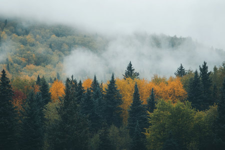 Season nature scene of a misty morning in the mountains, with trees transitioning to fall colorsの素材