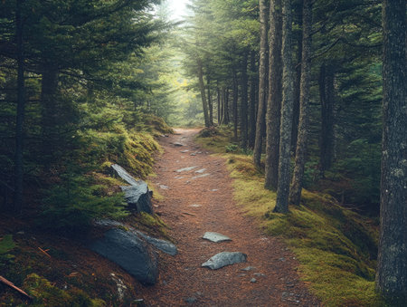 A national park trail leading through dense forests and rugged mountain terrainの素材