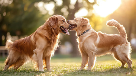 A golden retriever dog playing with another dogの素材
