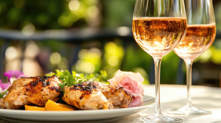 A plate of grilled chicken paired with a glass of ros wineの素材