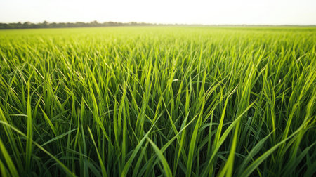 A field of vibrant green grass stretching towards the horizon.の素材
