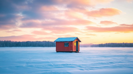 Ice fishing hut on a frozen lakeの素材