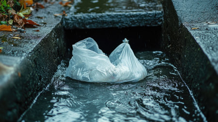 A close-up of a plastic bag caught in a storm drain.の素材