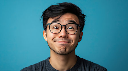 A playful Asian man with a mischievous smile, making a silly face.の素材