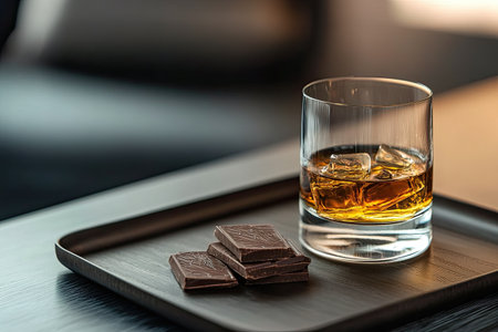 A glass of golden bourbon and dark chocolate on a sleek modern trayの素材