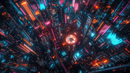 top view digital art featuring a futuristic city skyline, neon colors and holographic elements, creating a sci-fi dreamscapeの素材
