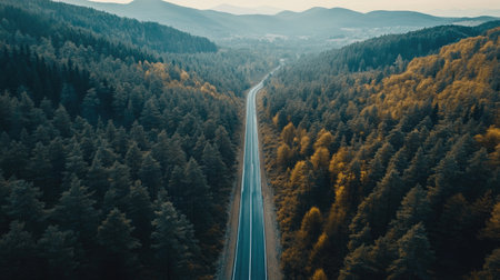 top view of a road leading through a valley, with trees lining both sides and mountains in the distanceの素材