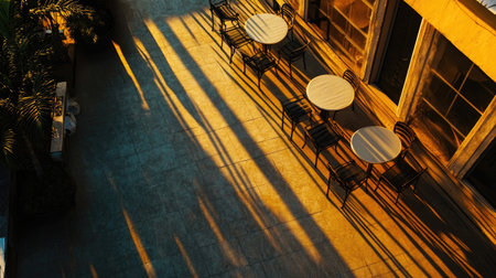 top view sunset shadows casting long lines over a terrace, with warm, golden light creating a soft gradient effectの素材