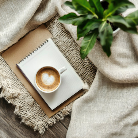 top view of a cozy coffee setup with a cup of espresso, a small plant, and a notebook on a clean surfaceの素材