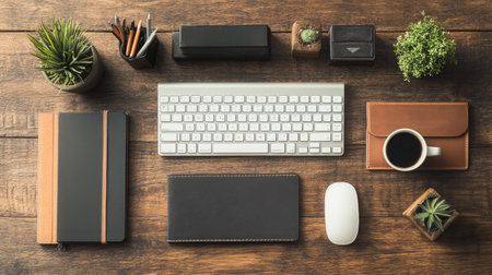top view of a modern workspace with a keyboard, mouse, notebook, and coffee mug, neatly arranged on a wooden deskの素材