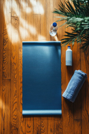 top view of a yoga mat spread on a wooden floor, with a water bottle and towel neatly placed beside it, ready for a peaceful sessionの素材