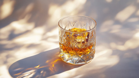 A golden bourbon drink served in a stylish crystal tumbler, with light reflections on the surfaceの素材