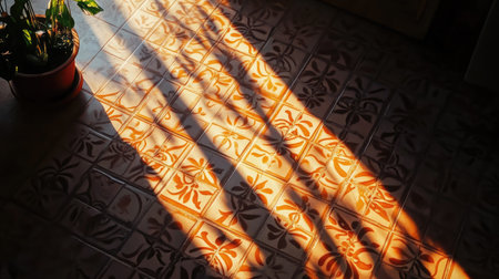 top view of sunset shadows casting intricate patterns on a tiled floor, with warm light streaming through a windowの素材