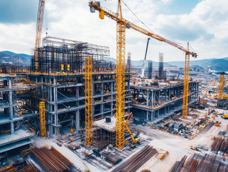A massive industrial infrastructure project, with cranes and construction workers building steel frameworksの素材