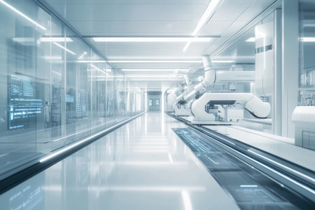 Futuristic industry design with sleek, automated machines working in a smart, high-tech factoryの素材