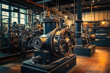 Restored vintage industry machines in a factory museum, showcasing old technology still in useの素材
