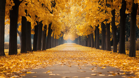 A fall tree-lined pathway with golden leaves scattered on the ground, creating a peaceful walkの素材