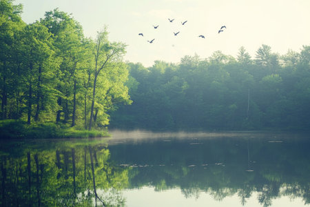 A peaceful outdoor nature retreat by a lake, with birds flying above and trees reflecting in the waterの素材