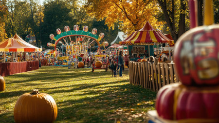 A lively fall festival with carnival games, pumpkin displays, and families enjoying the seasonの素材