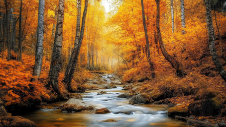 A serene fall nature scene with a clear stream winding through a forest of golden treesの素材