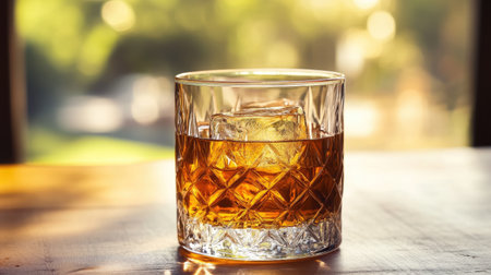 A rich glass of golden bourbon with subtle caramel and vanilla notes, served neatの素材