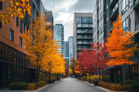 Urban architecture in fall, with modern buildings and streets lined with golden and red treesの素材