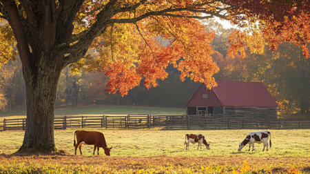 Fall farm animals grazing under the autumn sun, with vibrant trees creating a scenic backdropの素材