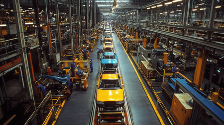An automotive industry assembly line, with cars being manufactured efficiently by machines and workersの素材
