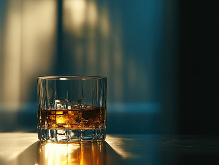 Low light casting shadows on a glass of golden bourbon, creating a moody and atmospheric sceneの素材