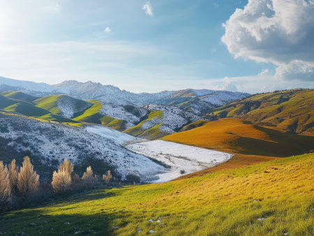 Time-lapse video showing the transition of seasons in a valley, from lush green to snowy whiteの素材