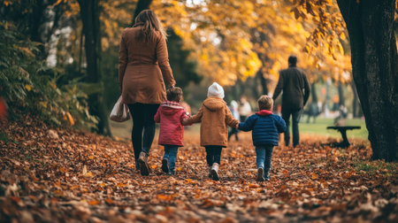 A fall family outing in a park, walking through paths filled with fallen leavesの素材