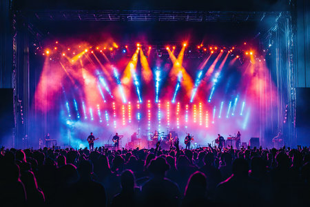 A festival stage illuminated by colorful lights, with musicians performing and an enthusiastic audience watchingの素材