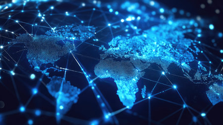 Decentralized technology network visualizing data distributed across blockchain nodes worldwideの素材