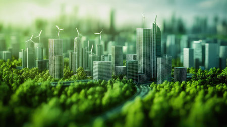 Green technology solutions in a city, with solar panels, wind turbines, and eco-friendly buildingsの素材