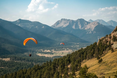 Outdoor paragliders flying above mountains and forests, catching the wind as they soarの素材