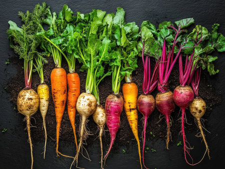 A display of root vegetables, with carrots, turnips, and beets freshly pulled from the earth, still with traces of soilの素材