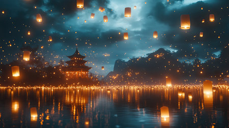 A beautiful lantern festival with thousands of glowing lanterns floating into the night sky, creating a magical atmosphereの素材