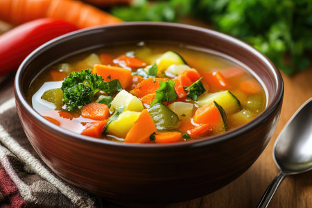 A bowl of warm vegetable soup, filled with chunks of seasonal vegetables, ready to be enjoyedの素材