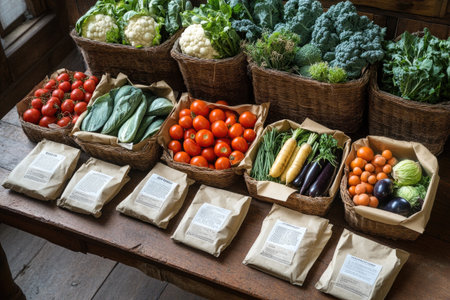 A selection of heritage vegetable seeds, including rare and heirloom varieties, arranged in packets for gardening enthusiastsの素材
