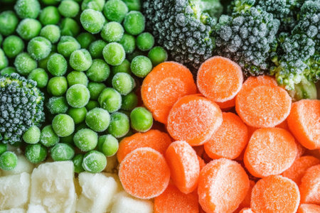 A pile of frozen vegetables, neatly packed and ready for use, showing a variety of green peas, carrots, and broccoliの素材