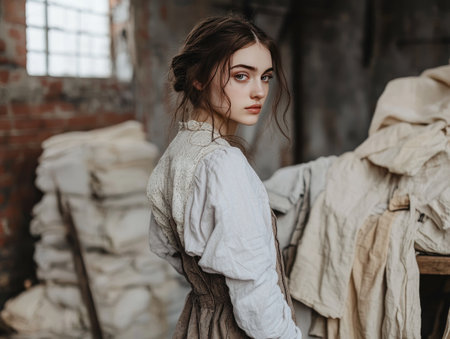 A slow fashion photoshoot with hand-stitched, artisan clothing, focusing on craftsmanship and durabilityの素材