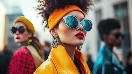 A vibrant street fashion scene with models wearing stylish urban outfits, accessorized with unique accessoriesの素材