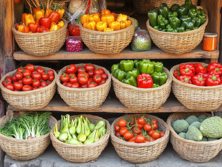 A quaint vegetable stall at a local market, displaying baskets filled with freshly picked vegetables like tomatoes, peppers, and carrotsの素材