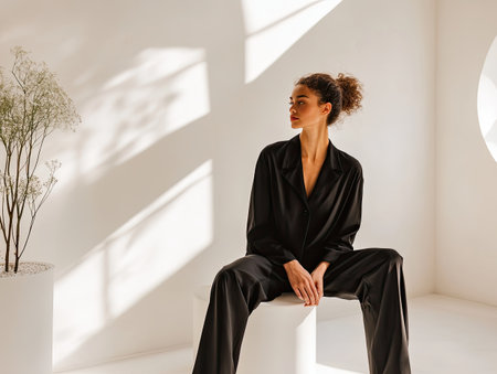 A modern fashion photoshoot in a bright, minimalist studio with a model in sleek, chic attireの素材