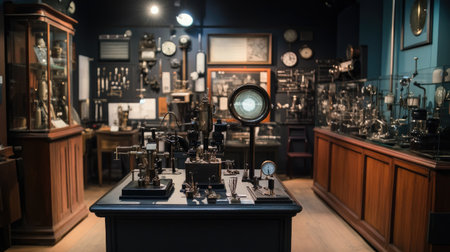 An exhibition of historical medical equipment, showing old surgical tools, stethoscopes, and early X-ray machines in a museum settingの素材