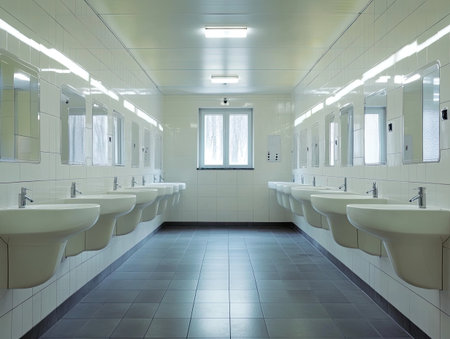 clean public restroom with all surfaces disinfected, ensuring hygiene and virus protection for public healthの素材