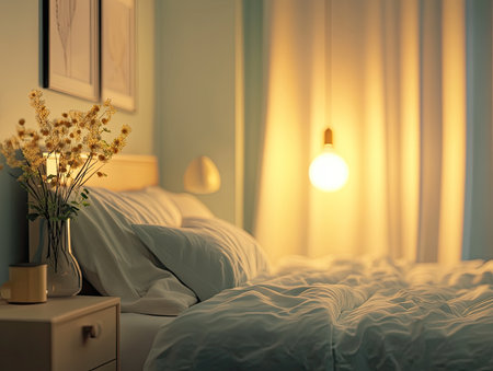 clean and clutter-free bedroom, with a focus on creating a peaceful environment for better mental healthの素材