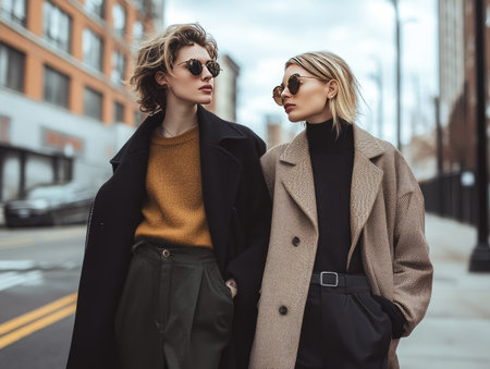 Gender-neutral street fashion with models wearing versatile, everyday outfits that blur traditional gender linesの素材