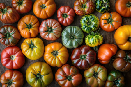 Heirloom tomatoes of various shapes and colors, laid out on a rustic table, showcasing their rich flavors and unique patternsの素材
