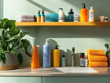 cleanliness routine in a home, with cleaning products neatly arranged and used regularly for household hygieneの素材
